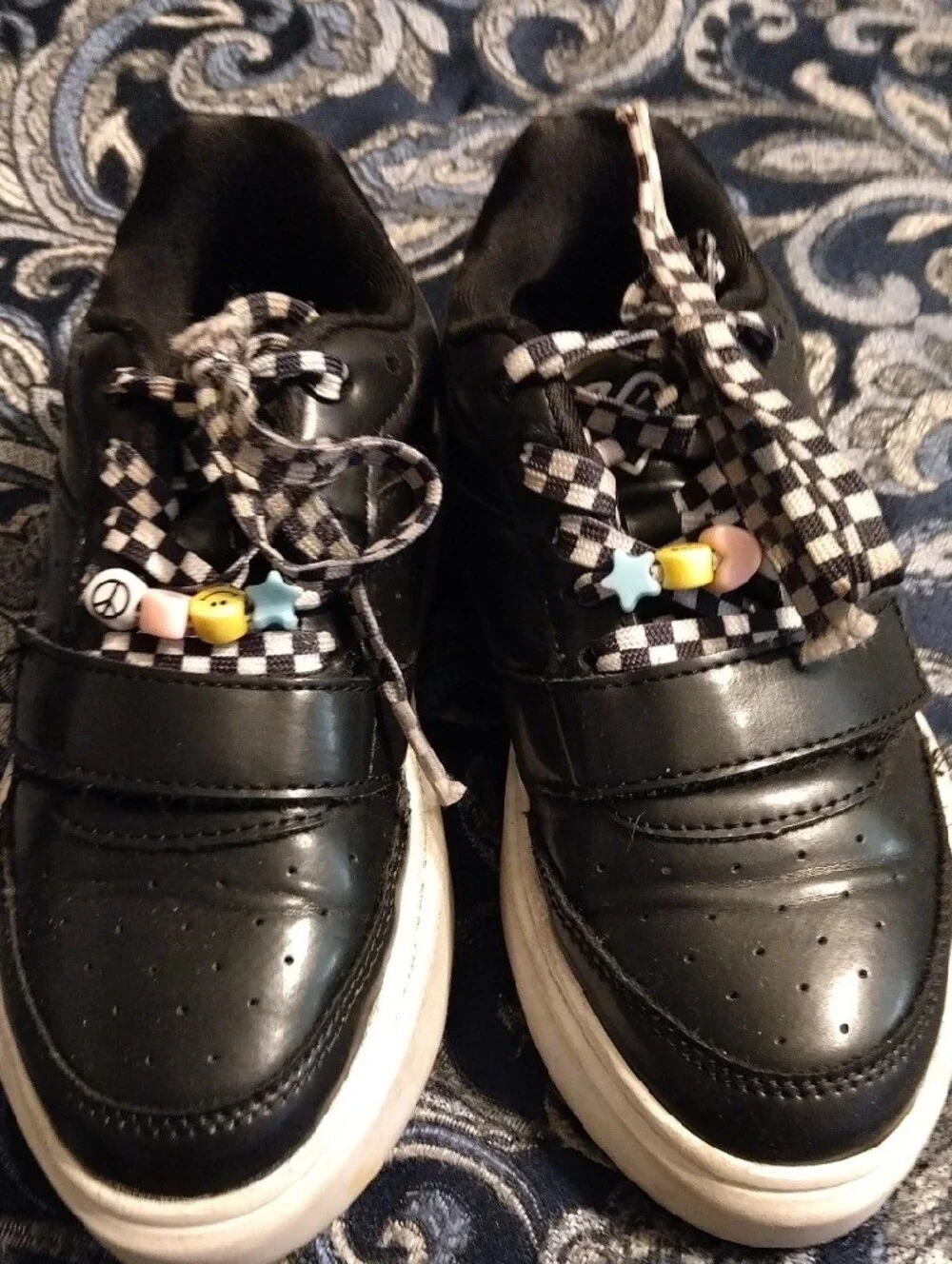 Justice Black Sneakers with Checker Laces and Bead Accents